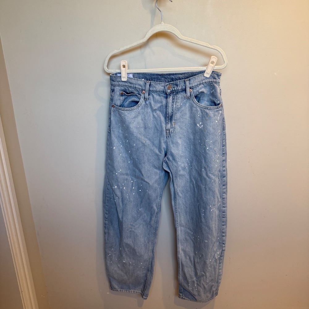 Gap Barrel High Rise Jeans 29 8R Light Wash Blue Paint Splatter Tapered Leg